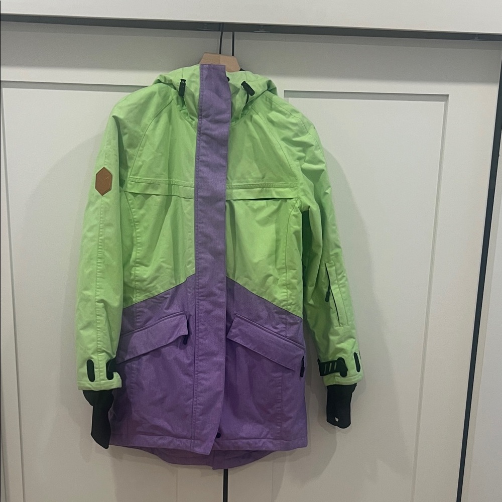 Women's Two-Tone Lime Green & Lavender Ski Jacket with Hood